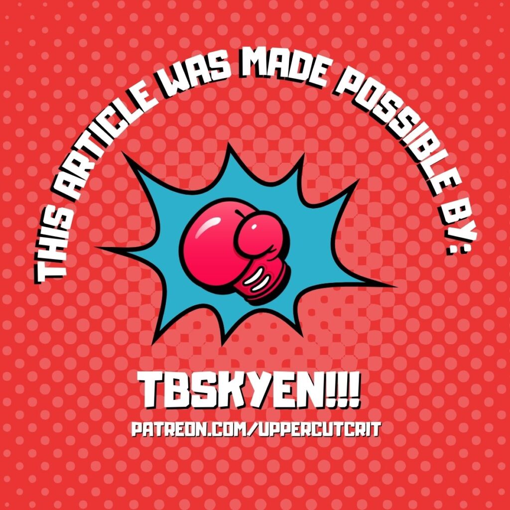 Red comic dots background with the Uppercut boxing glove in the center. Text circles the top that says: This article was made possible by: TBSKyen" and the url patreon.com/uppercutcrit