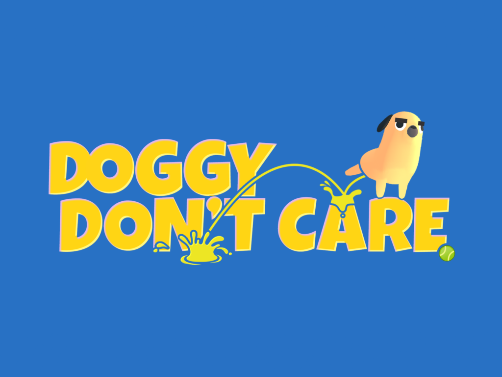 Doggy Don't Care cover art showing the titular pug peeing on the title text