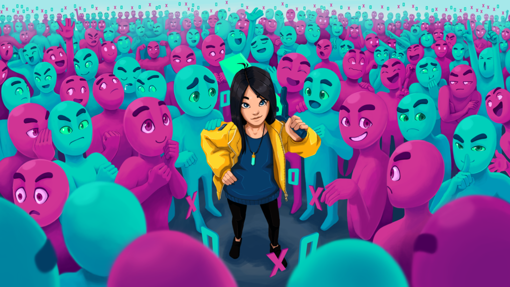 Key art for Extra Coin showing main character Mika looking like a normal person standing in a crowd of pink and blue people with varying expressions but no other defining features