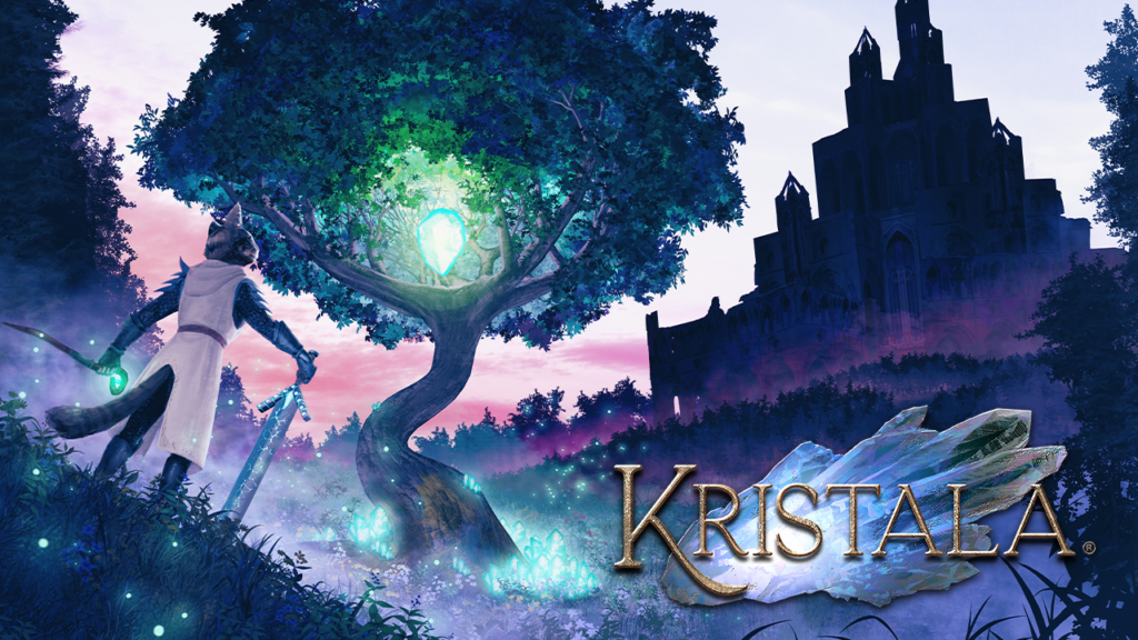 Kristala promotional art featuring a cat person looking up at a tree and a castle