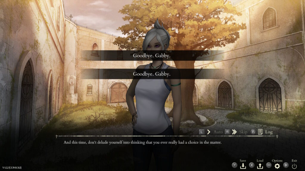 Saint Maker screenshot of the camera facing a white haired girl with both dialogue options saying "Goodbye, Gabby"