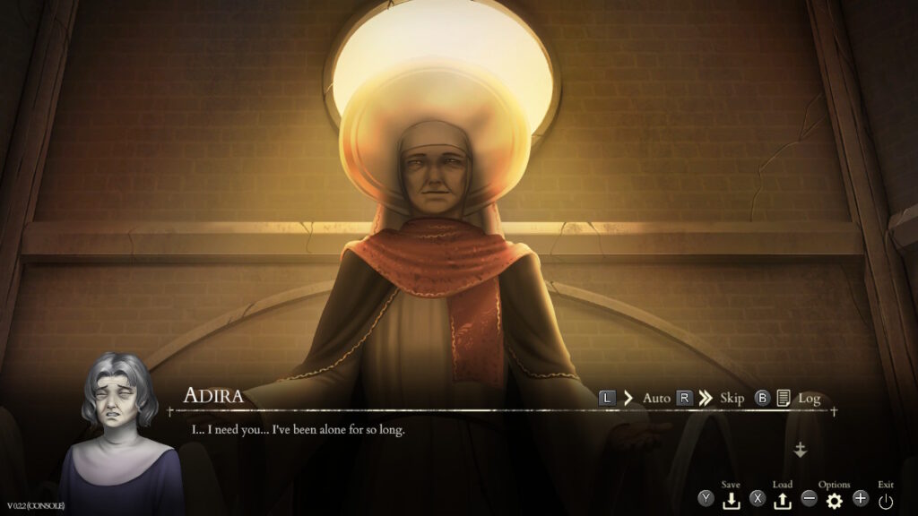 Saint Maker screenshot of Adira the nun standing in front of golden light saying "I...I need you... I've been alone for so long."