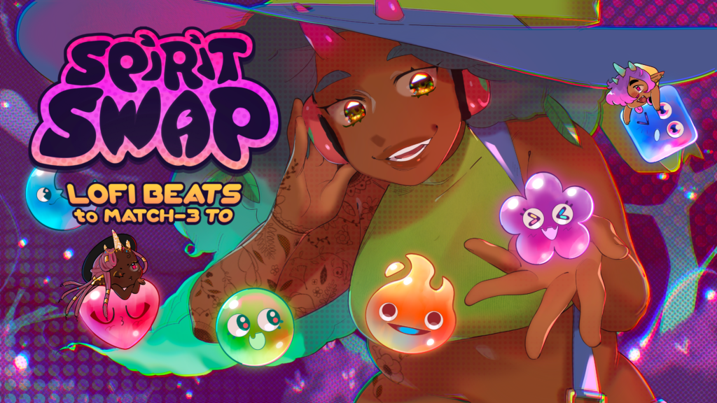Spirit Swap key art featuring three of the characters and large versions of the spirit match three blocks