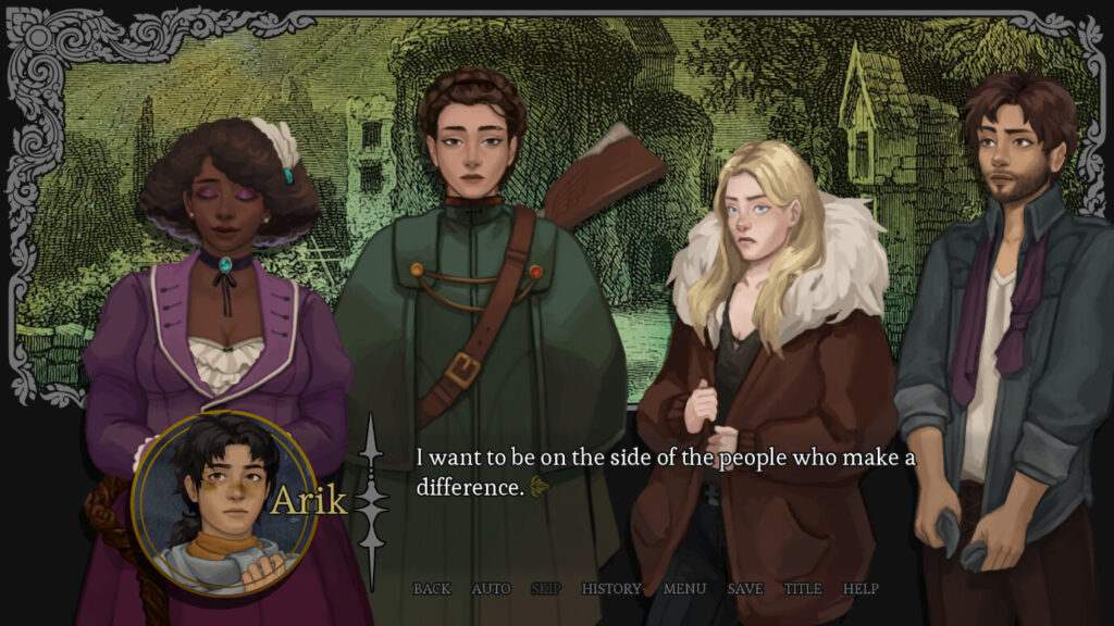Screenshot of Arik talking to his companions saying "I want to be on the side of the people who make a difference."