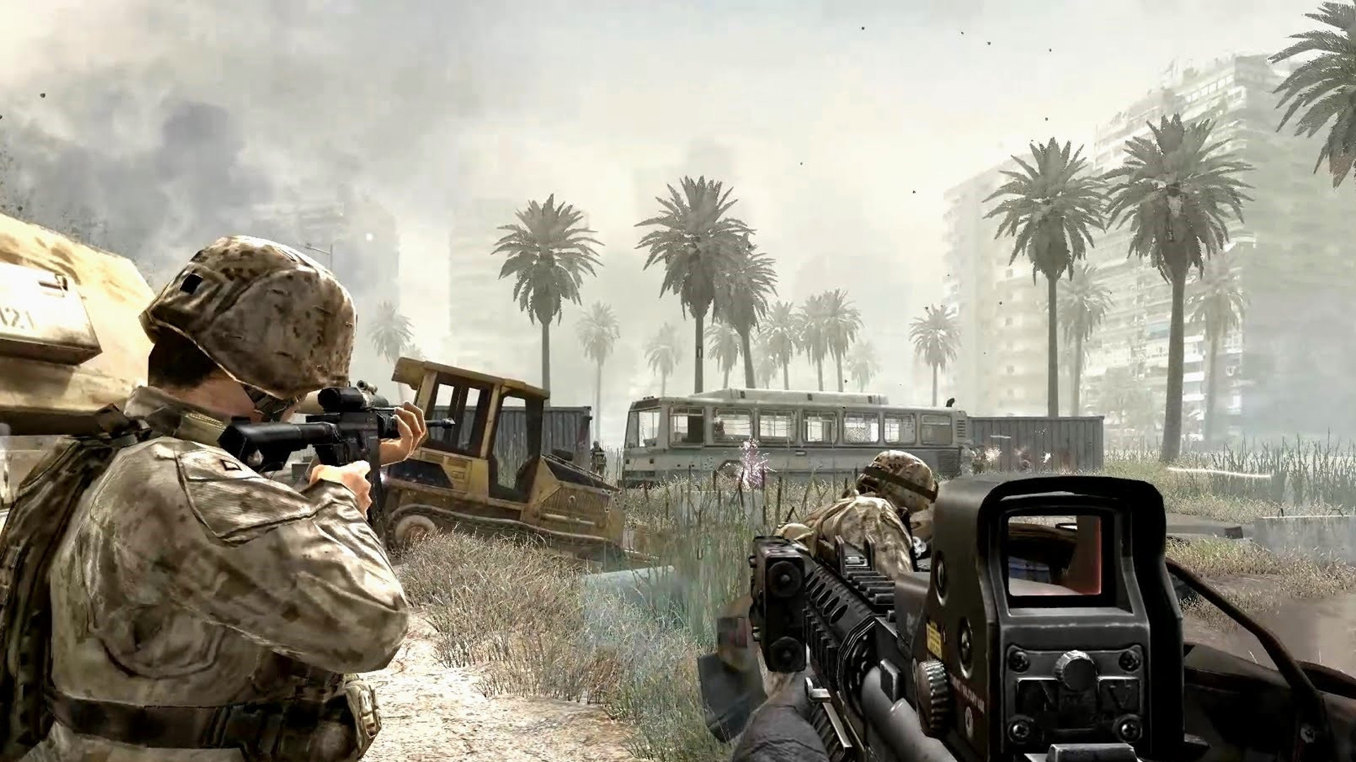Call of Duty 4 screenshot of a solider walking through a dessert area with a city