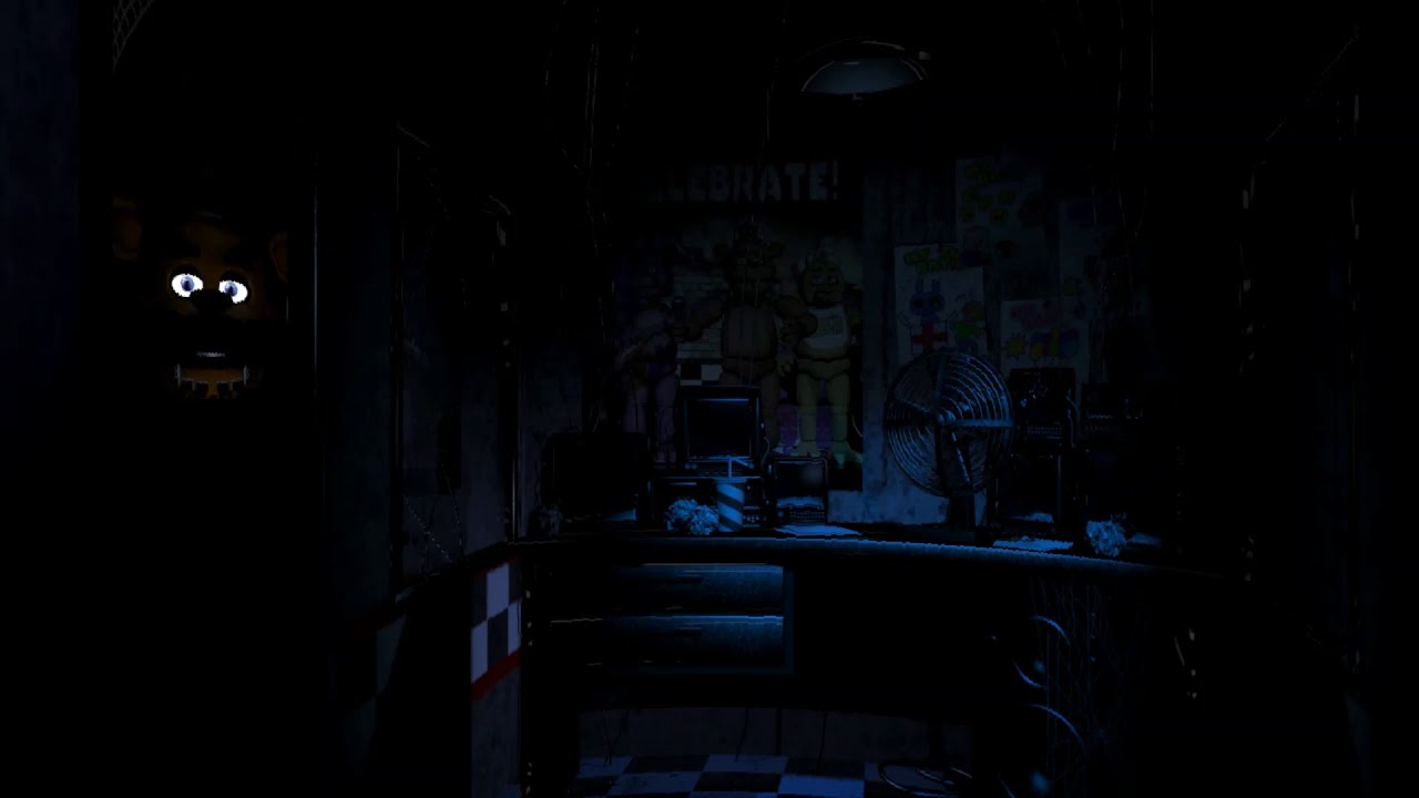 Five Nights at Freddie's failure screen where one of the animatronics' eyes are highlighted to the left in the dark