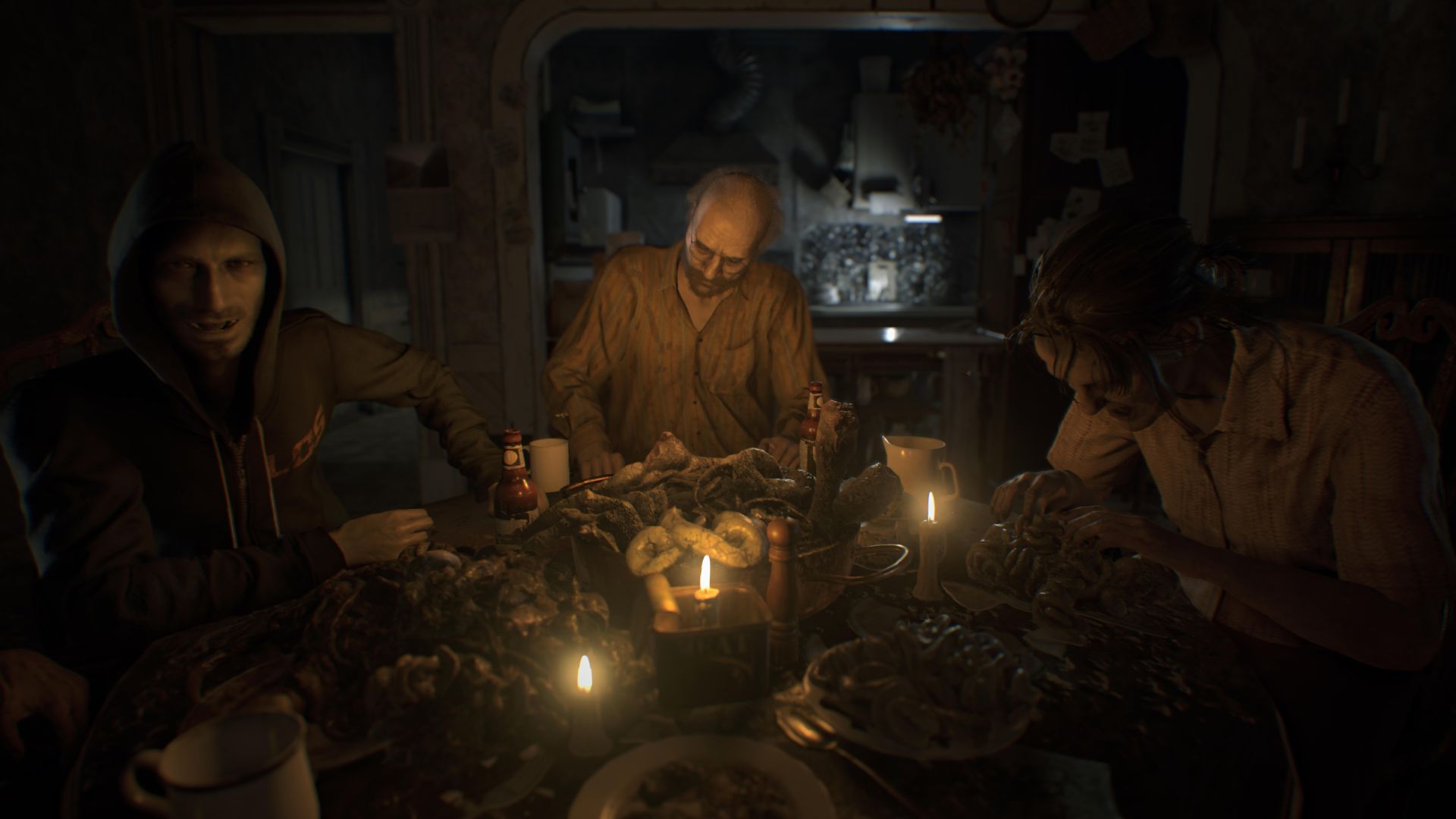 Resident Evil 7 screenshot of the family sitting around a candlelit table
