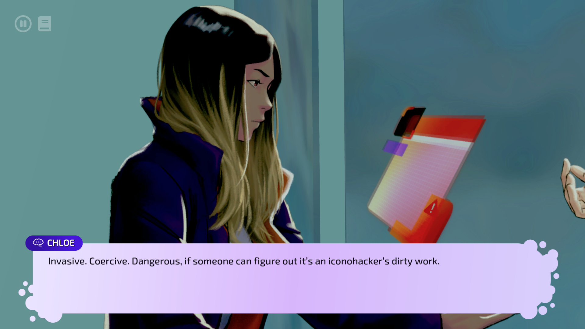 Screenshot of protagonist Chloe reading a screen. Text reads: Invasive. Coercive. Dangerous, if someone can figure out it's an iconohacker's work"