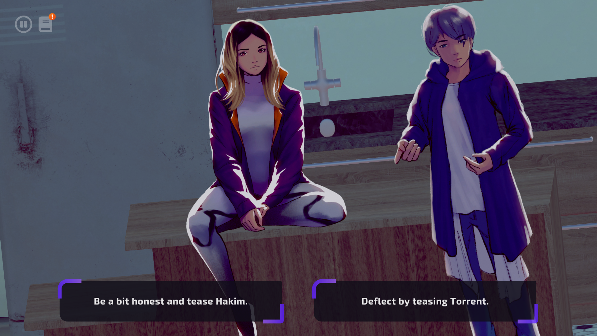 Solace State screenshot of a choice Chloe can make between teasing two different characters