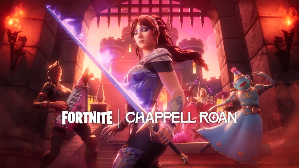 Image of the Chappell Roan x Fortnite crossover featuring Roan in armor holding a flaming sword in front of a castle gate with Fortnite characters in the background