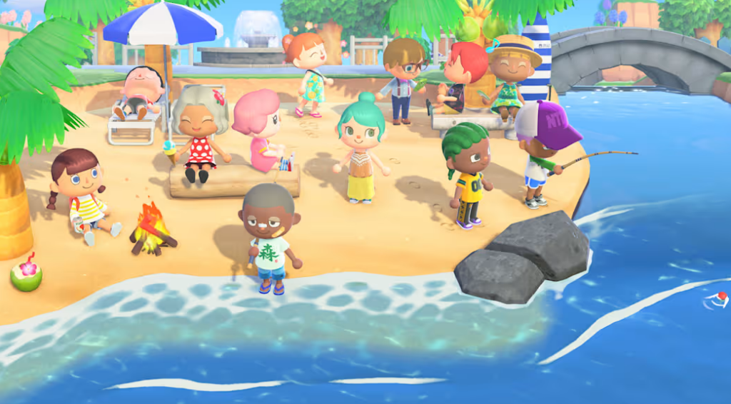 Screenshot of Animal Crossing New Horizons of a bunch of player characters having a party on the beach