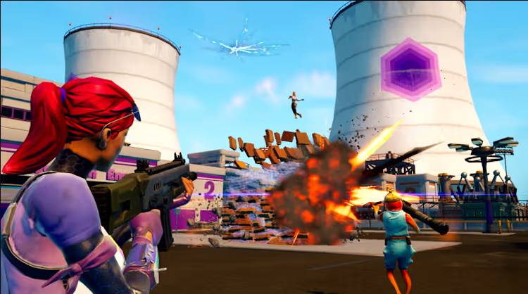 Fortnite screenshot of a female character blowing up a building with an enemy character inside