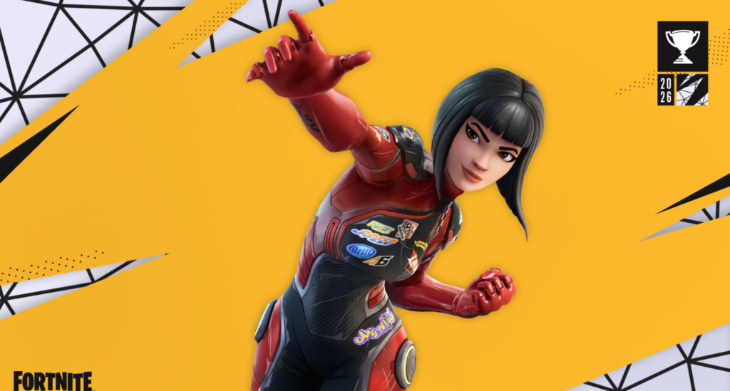 Image of a female Fortnite skin with a black bob haircut and wearing a red racing jumpsuit. The image is to promote competitive Fortnite tournaments