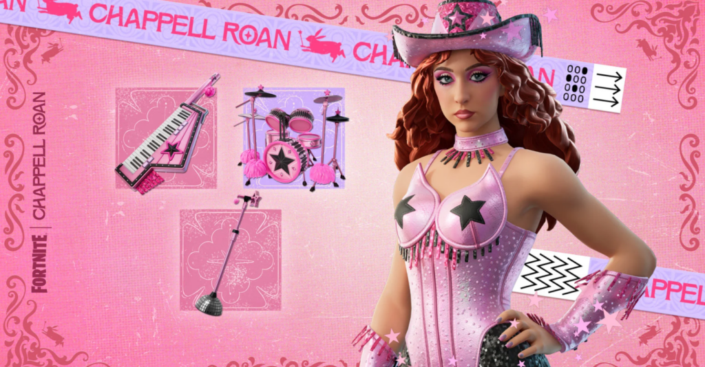 Screenshot of one of the Chappell Roan Fortnite skins. This one has her in a light pink corset with black star pasties. She is wearing a matching cowboy hat and has the matching instruments and microphone behind her.