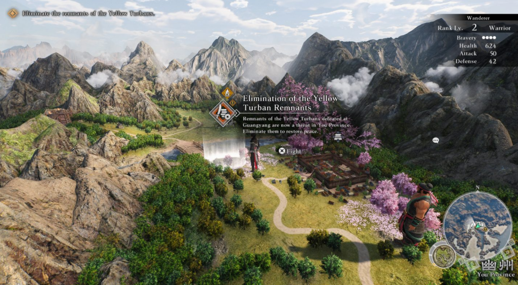 Dynasty Warriors Origins screenshot of the game's map with Ziluan and a companion approaching a mission to fight the Yellow Turban forces