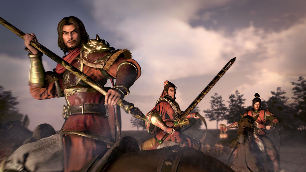 Dynasty Warriors 9 screenshot of three characters wearing red armor with golden weapons