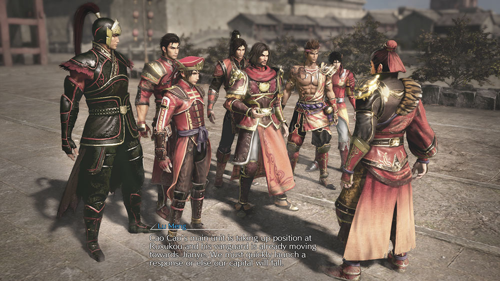 Dynasty Warriors 9 screenshot of Lu Meng speaking to six other men, all clad in red and gold. 