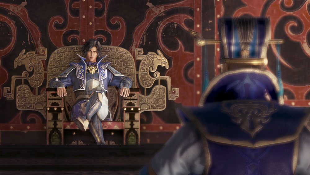 Screenshot from Dynasty Warriors 9 of a character in a throne facing someone in fine clothes with his back to the camera