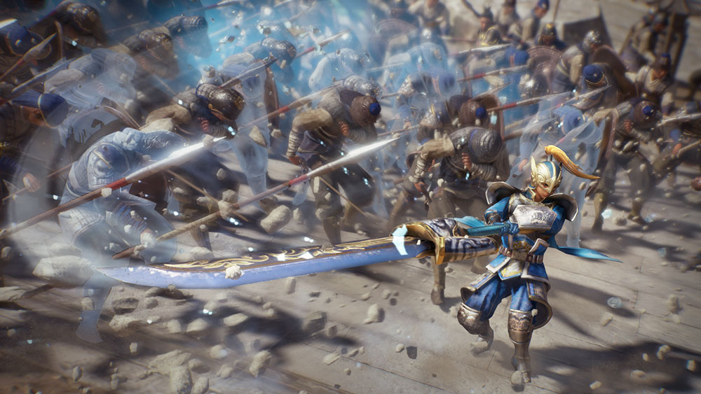Dynasty Warriors 9 screenshot of a character in blue, silver, and gold armor slashing dozens of spear wielding enemies with a giant sword