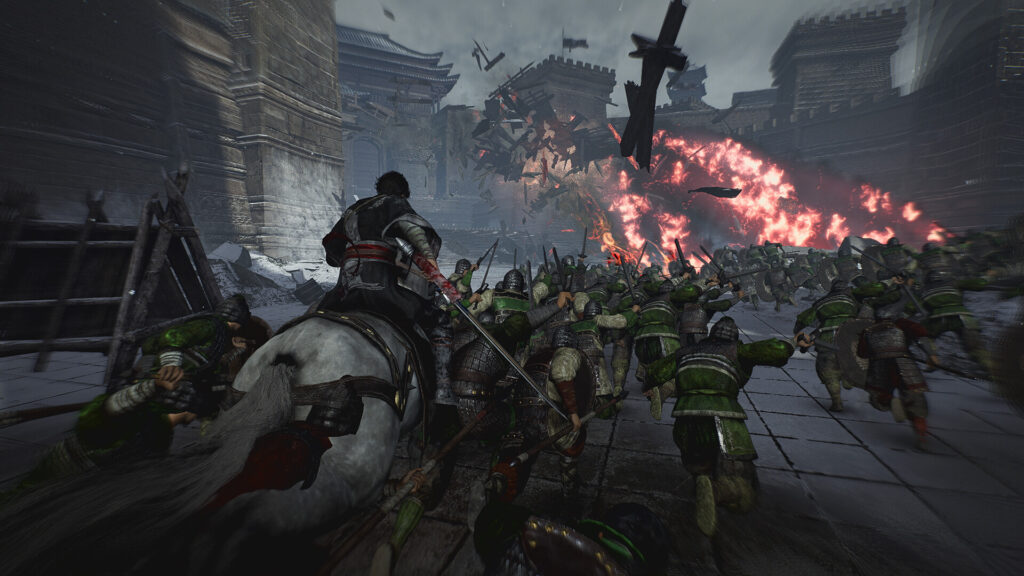 Dynasty Warriors Origins screenshot of the main character riding into battle on a horse with troops running ahead of him