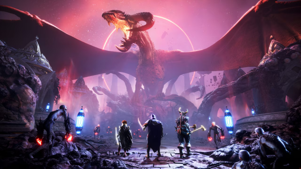 Dragon Age the Veilguard promotional image of the main party facing a giant, demonic dragon