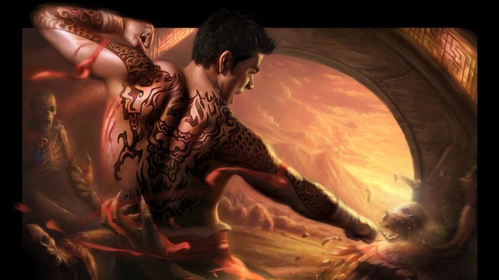 Jade Empire cover art featuring a shirtless man with a black dragon tattooed across his back and arms posing with his arms raised to fight