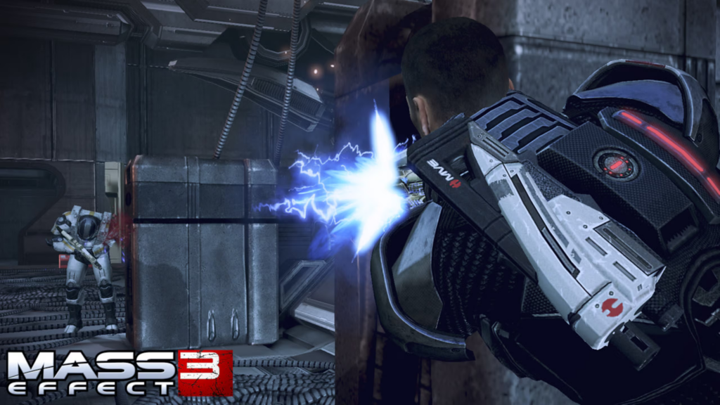 Mass Effect 3 cover art of a male Shepard shooting an enemy from behind cover