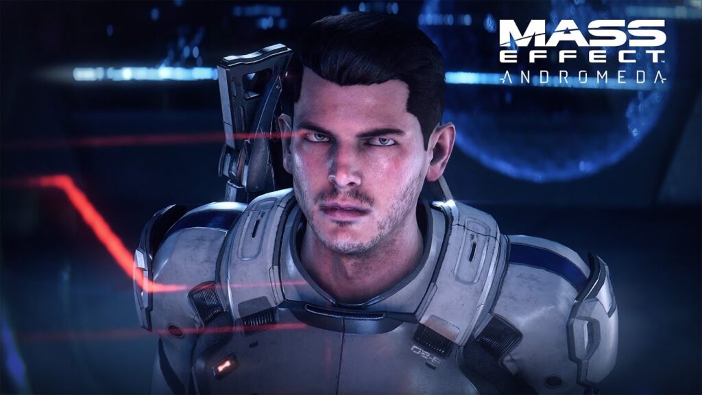 Mass Effect Andromeda screenshot of a male player character looking at the camera with a holographic planet map in the background