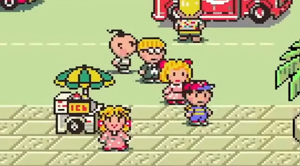 Screenshot of the four characters of Earthbound walking down a street past an ice cream cart