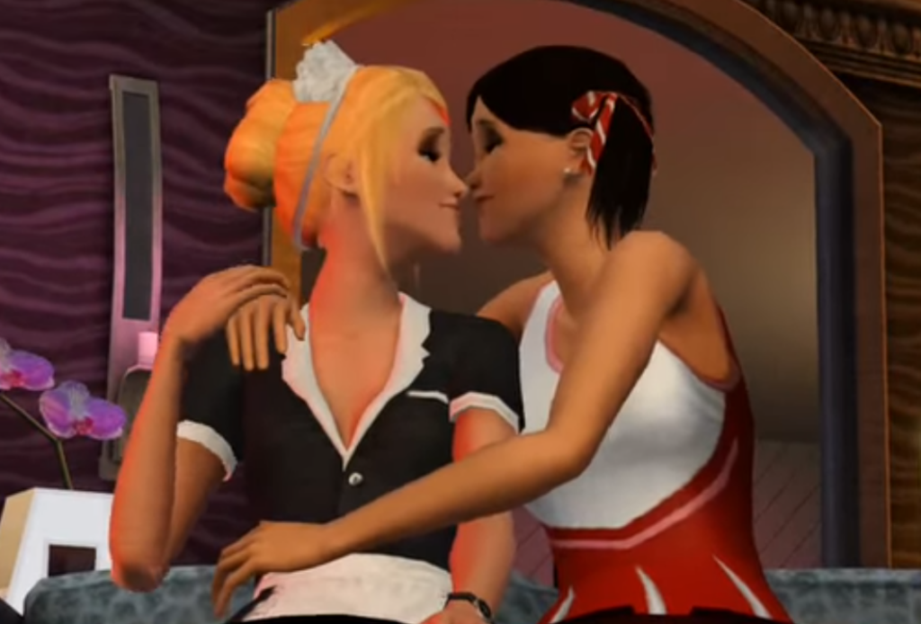 Sims 3 screenshot of two female characters embracing and about to kiss while sitting on a bed
