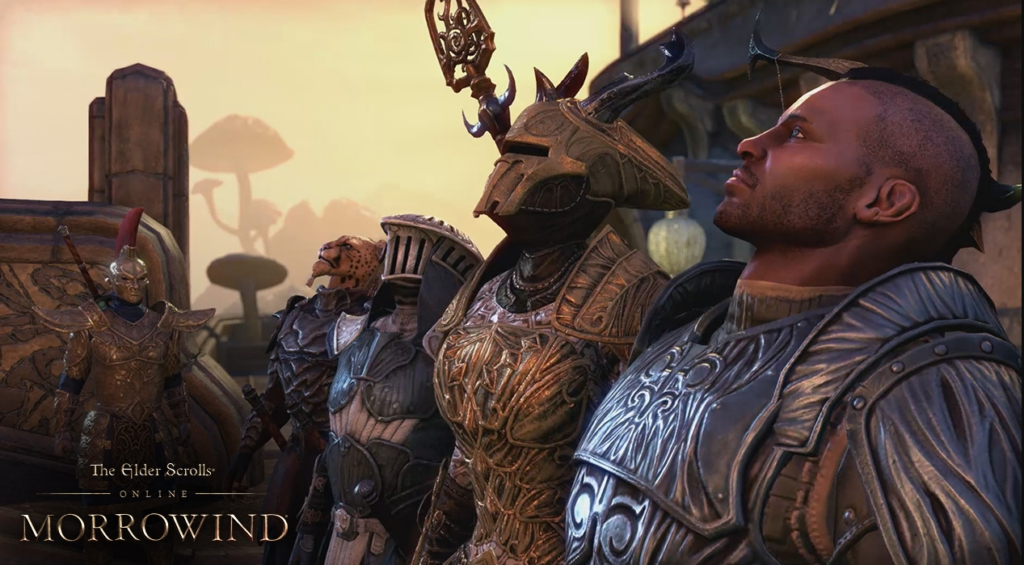 Elder Scrolls Online Morrowind expansion screenshot of multiple characters standing at attention