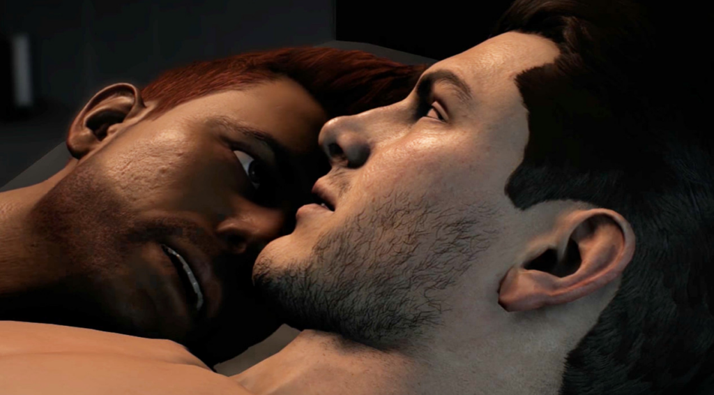 Mass Effect Andromeda screenshot of NPC Gill in bed with a male player character